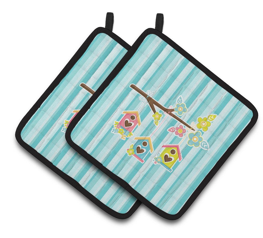 Birdhouses on Blue Stripes Pair of Pot Holders BB7011PTHD by Caroline's Treasures