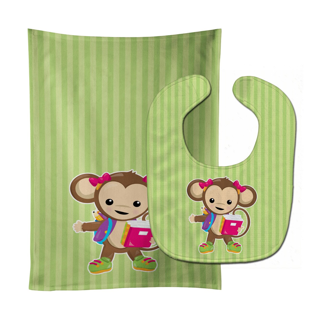 Monkey Going to School Baby Bib & Burp Cloth BB7016STBU by Caroline's Treasures