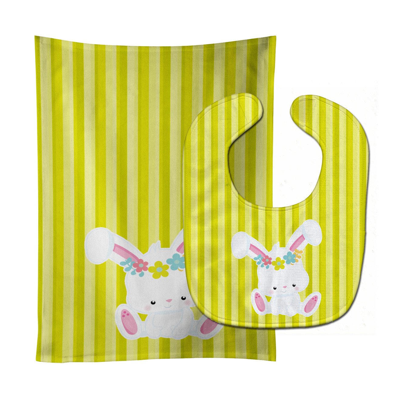 Easter White Rabbit with Flowers Baby Bib & Burp Cloth BB7093STBU by Caroline's Treasures