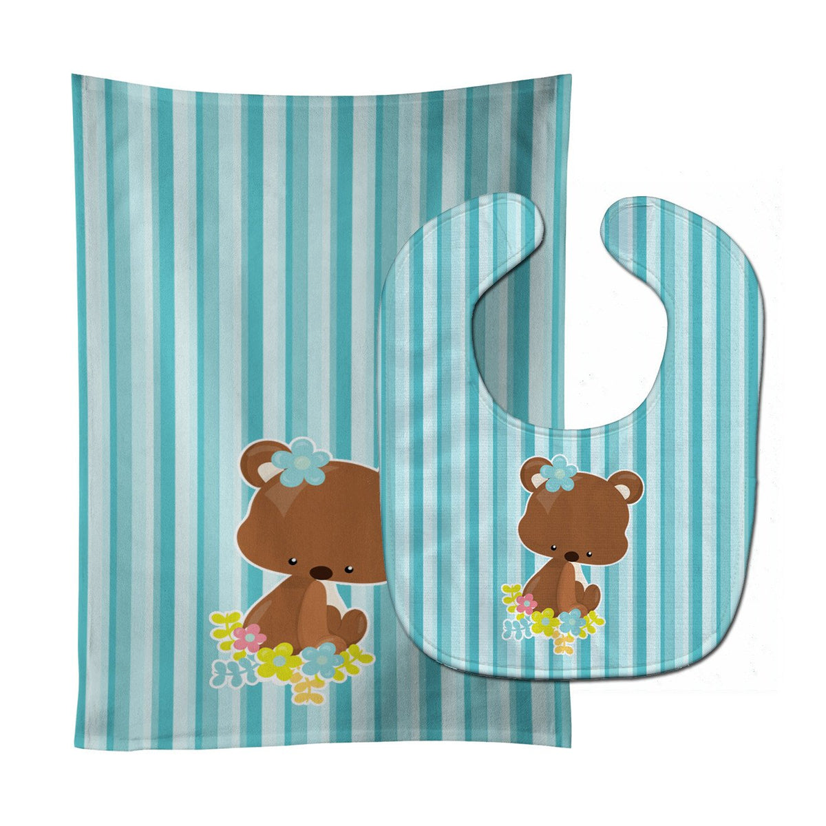 Bear with Flowers Baby Bib &amp; Burp Cloth BB7096STBU by Caroline&#39;s Treasures