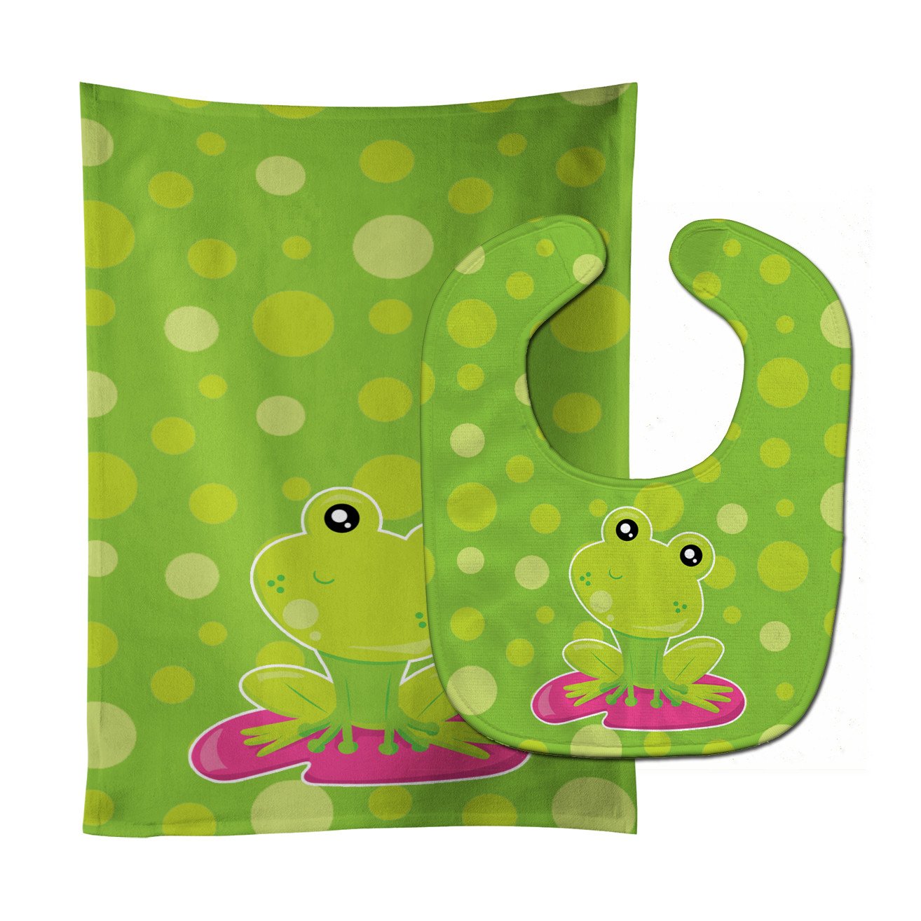 Frog on Lily Pad Green Polkadots Baby Bib & Burp Cloth BB7098STBU by Caroline's Treasures