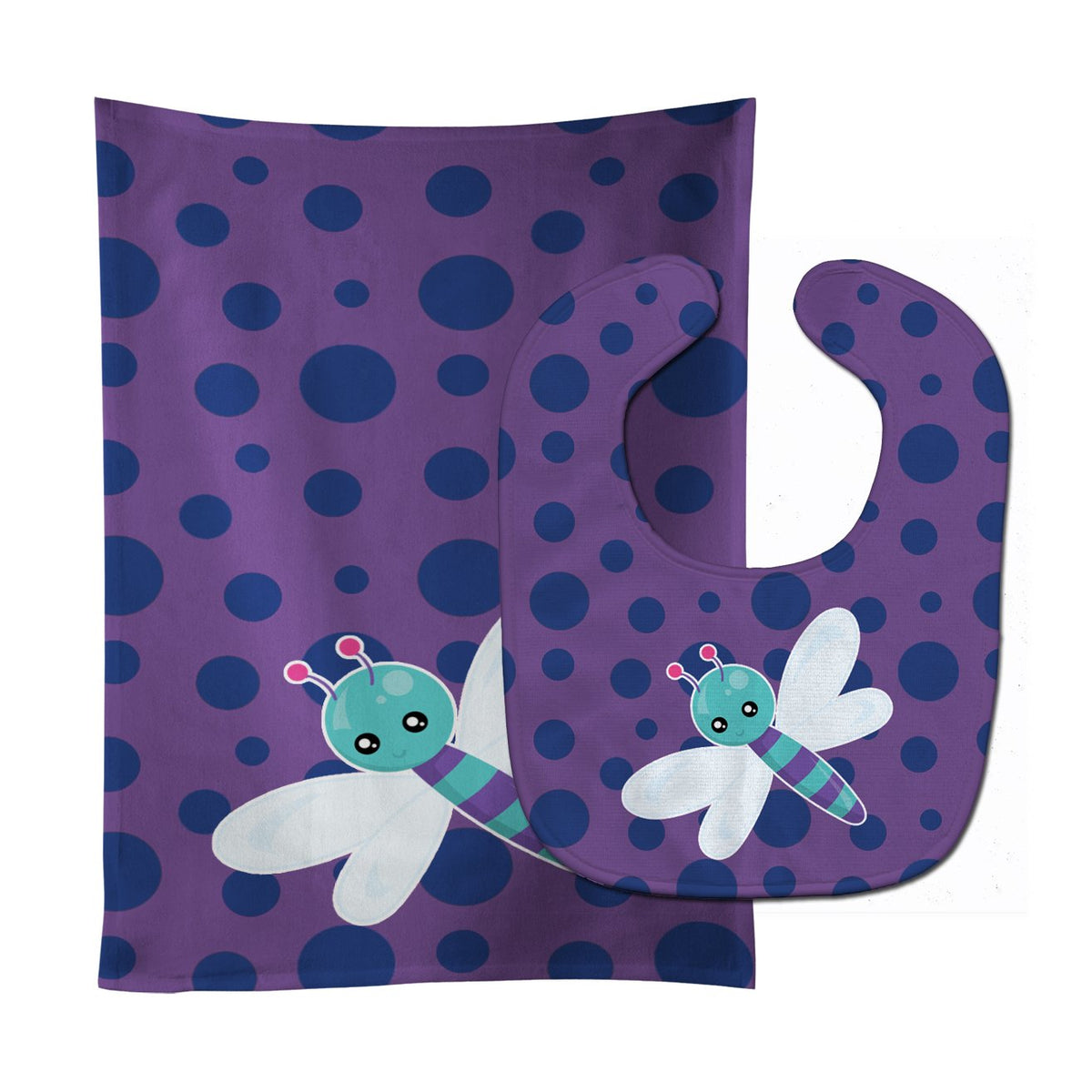 Dragonfly on Purple Polkadots Baby Bib &amp; Burp Cloth by Caroline&#39;s Treasures