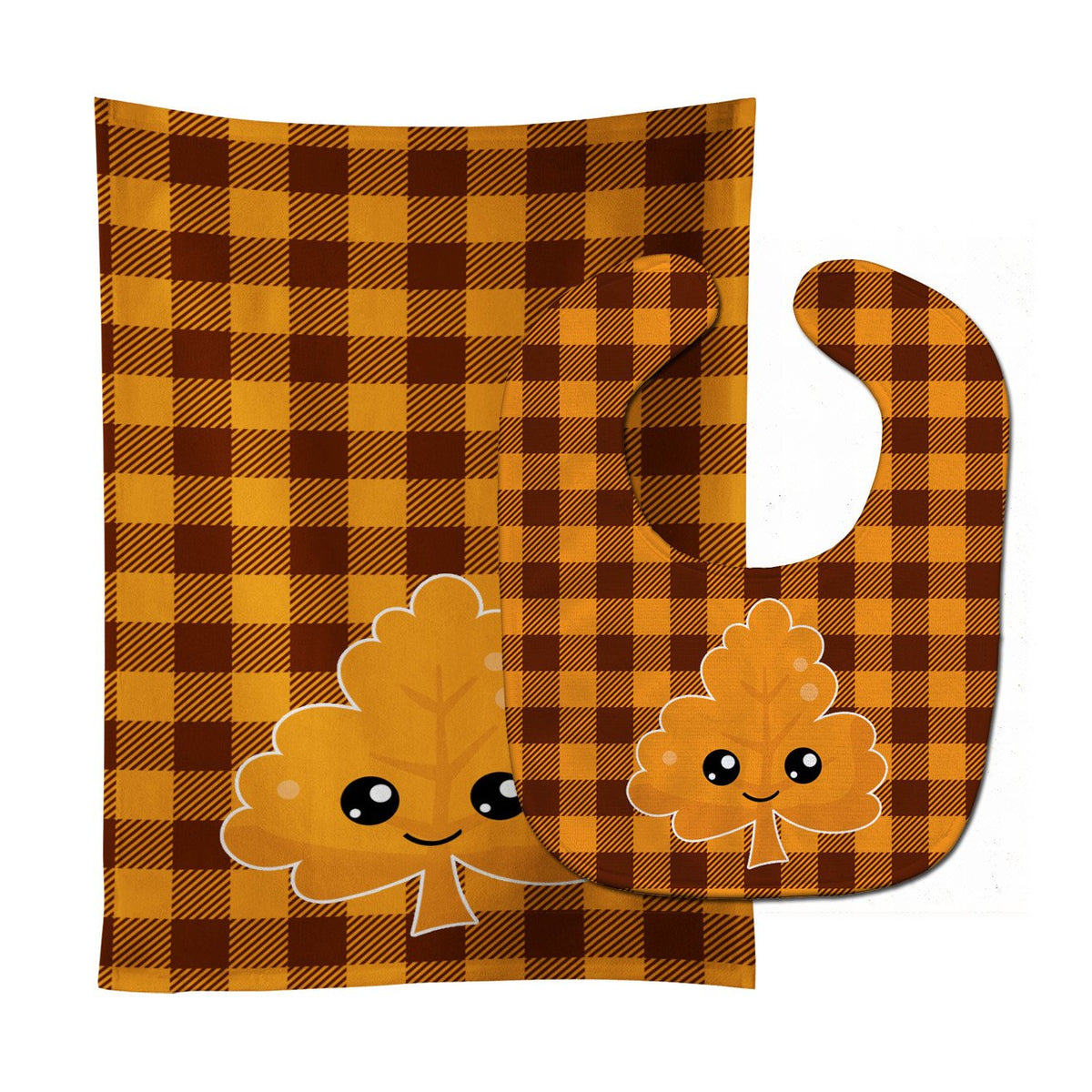 Fall Leaf on Gingham Baby Bib &amp; Burp Cloth BB7109STBU by Caroline&#39;s Treasures