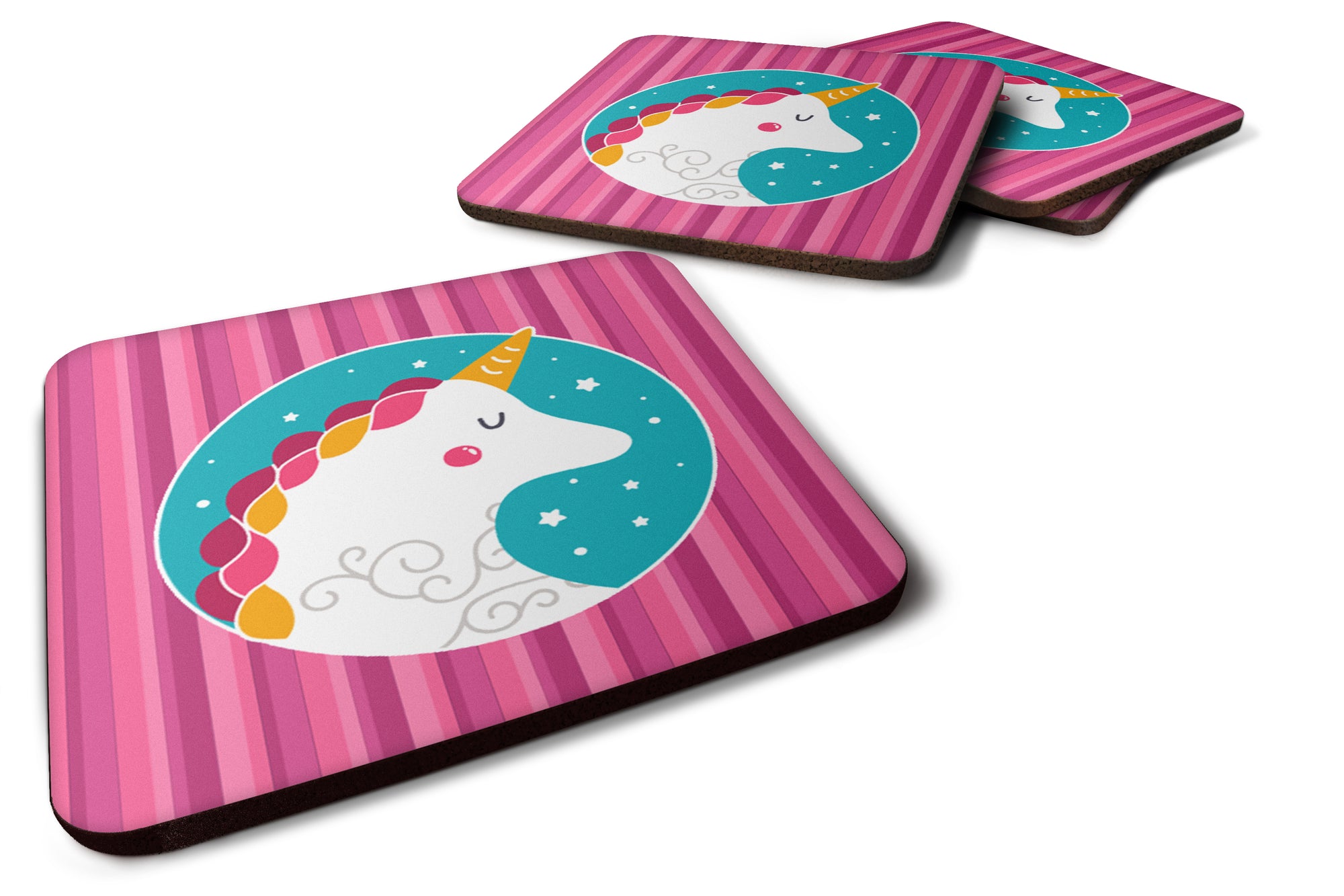 Unicorn Pink Stripes Foam Coaster Set of 4 BB7139FC - the-store.com