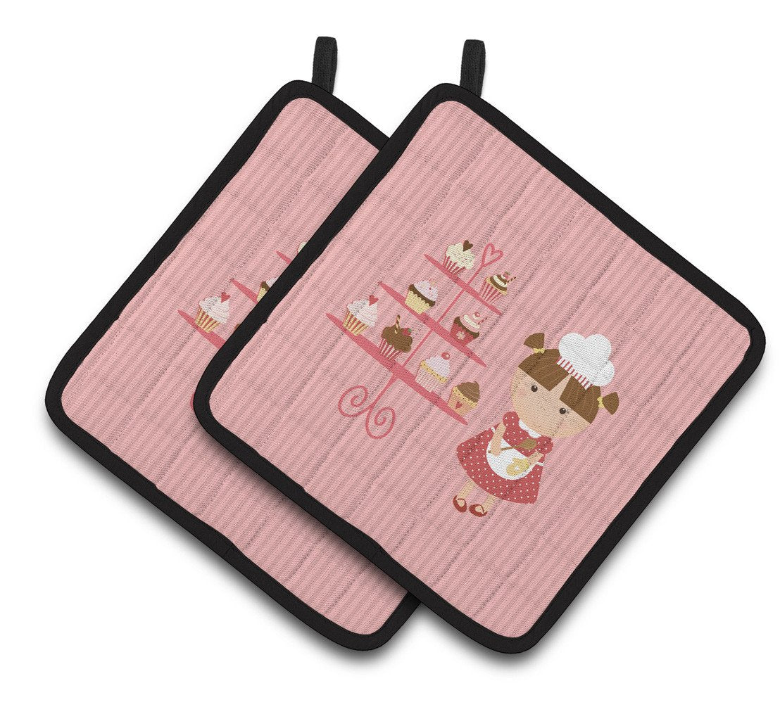 Cupcake Baker Brunette Pink Pair of Pot Holders BB7254PTHD by Caroline's Treasures