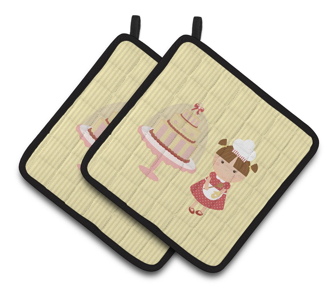 Cake Baker Brunette Yellow Pair of Pot Holders BB7255PTHD by Caroline&#39;s Treasures