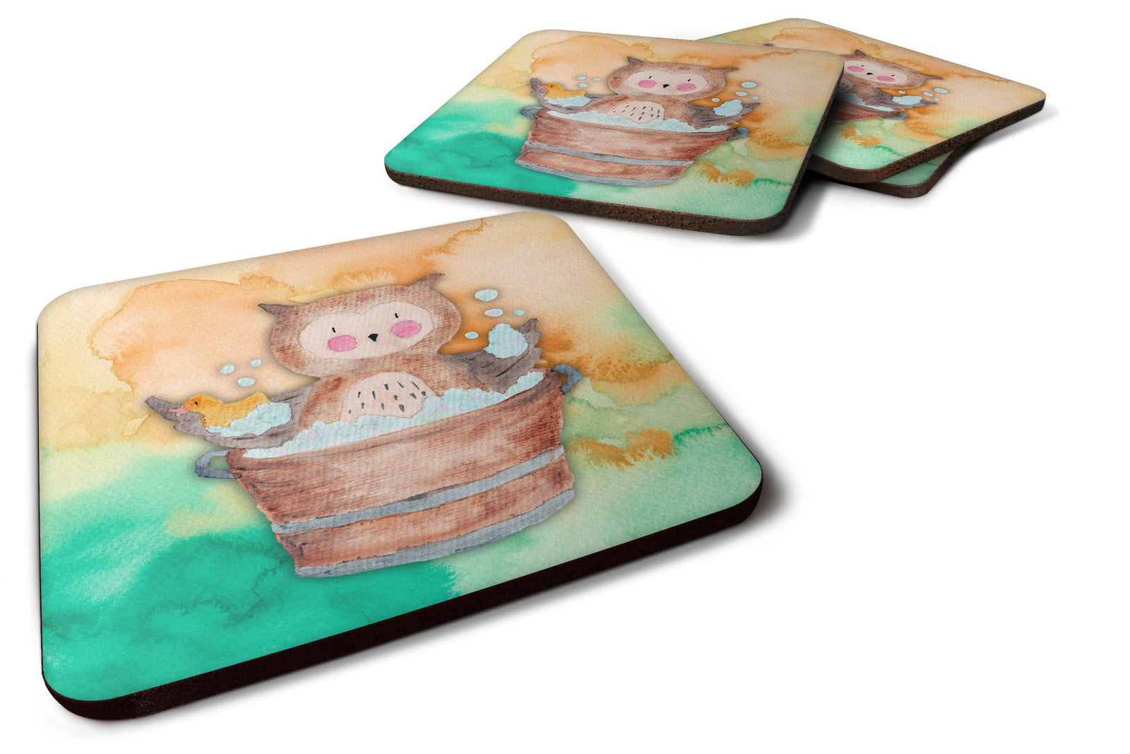 Owl Bathing Watercolor Foam Coaster Set of 4 BB7342FC - the-store.com