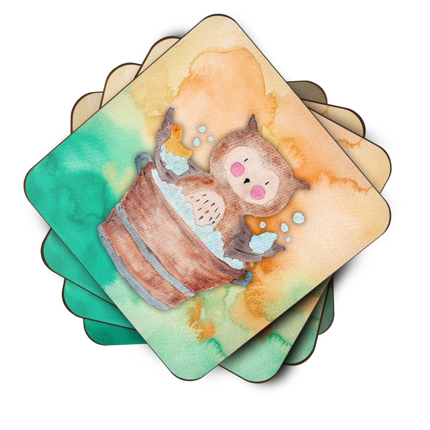 Owl Bathing Watercolor Foam Coaster Set of 4 BB7342FC - the-store.com