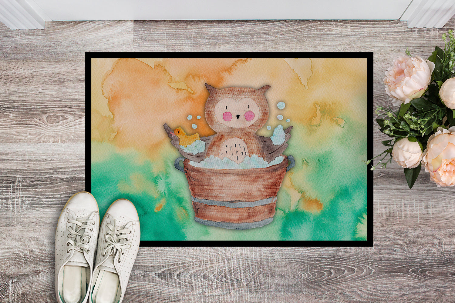 Owl Bathing Watercolor Indoor or Outdoor Mat 18x27 BB7342MAT - the-store.com