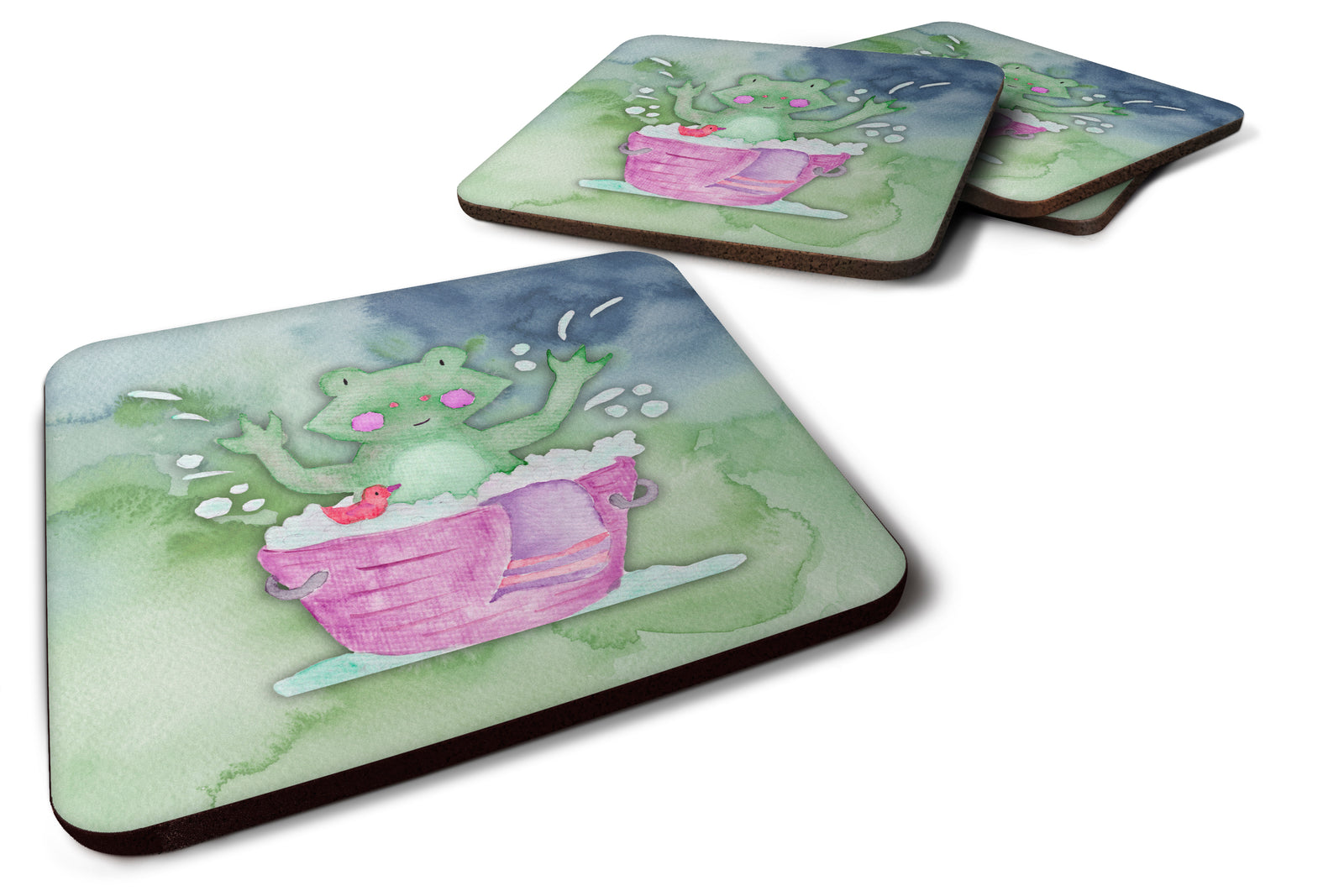 Frog Bathing Watercolor Foam Coaster Set of 4 BB7343FC - the-store.com