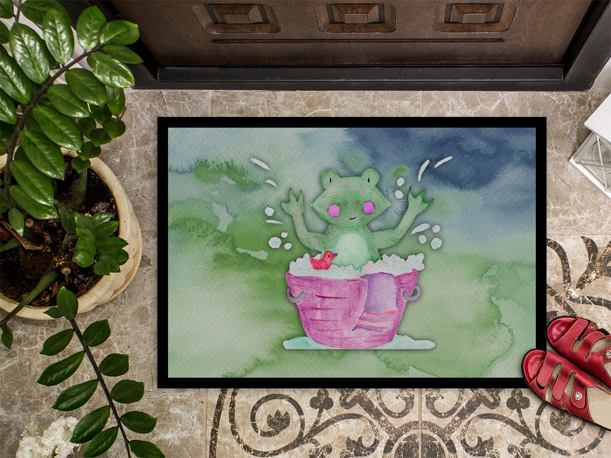 Frog Bathing Watercolor Indoor or Outdoor Mat 18x27 BB7343MAT - the-store.com