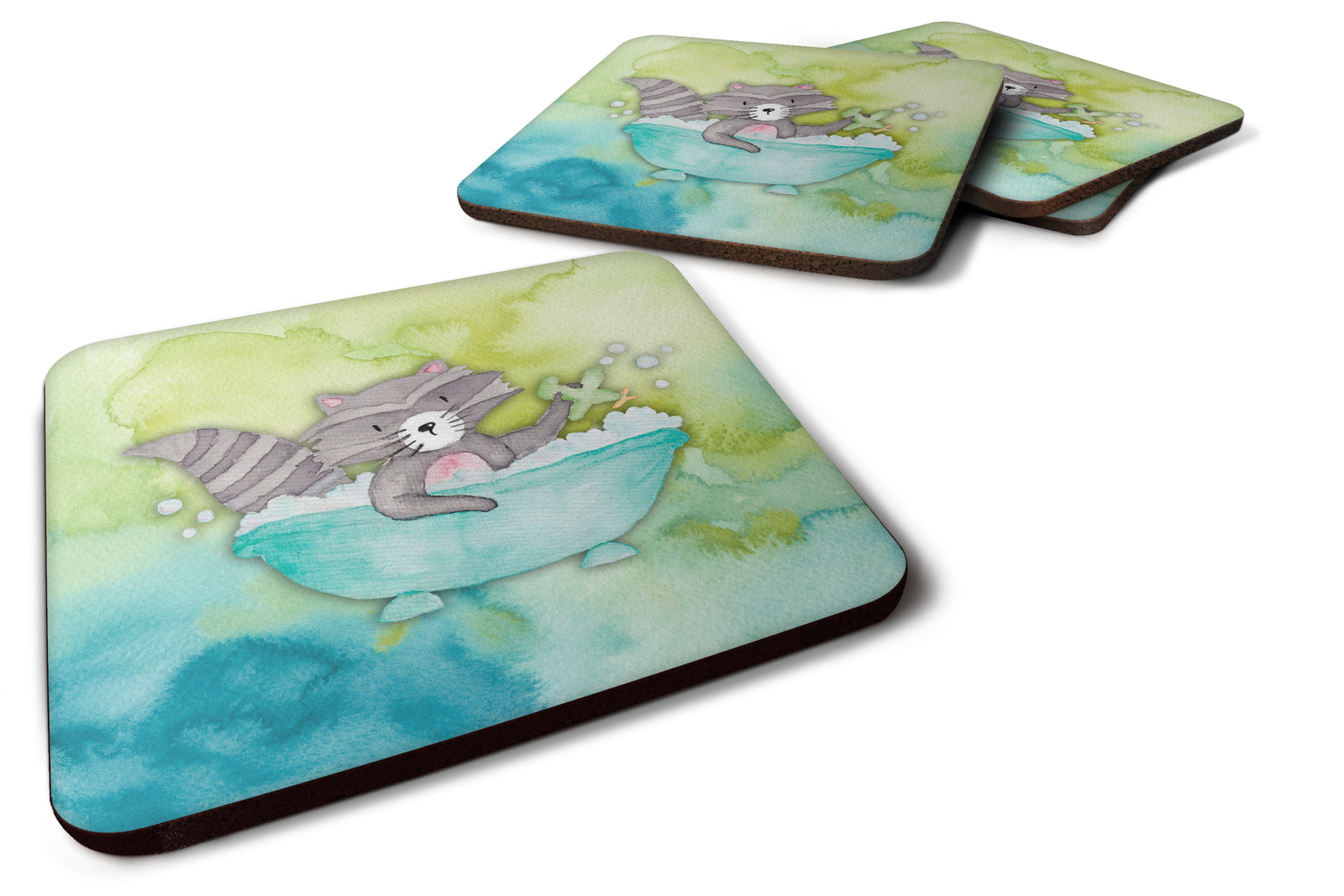 Raccoon Bathing Watercolor Foam Coaster Set of 4 BB7345FC - the-store.com