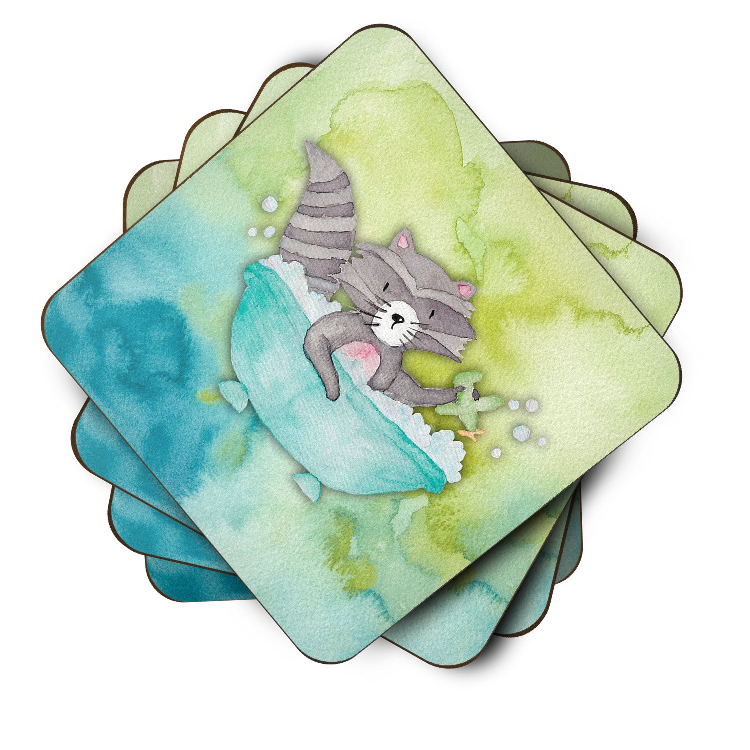 Raccoon Bathing Watercolor Foam Coaster Set of 4 BB7345FC - the-store.com