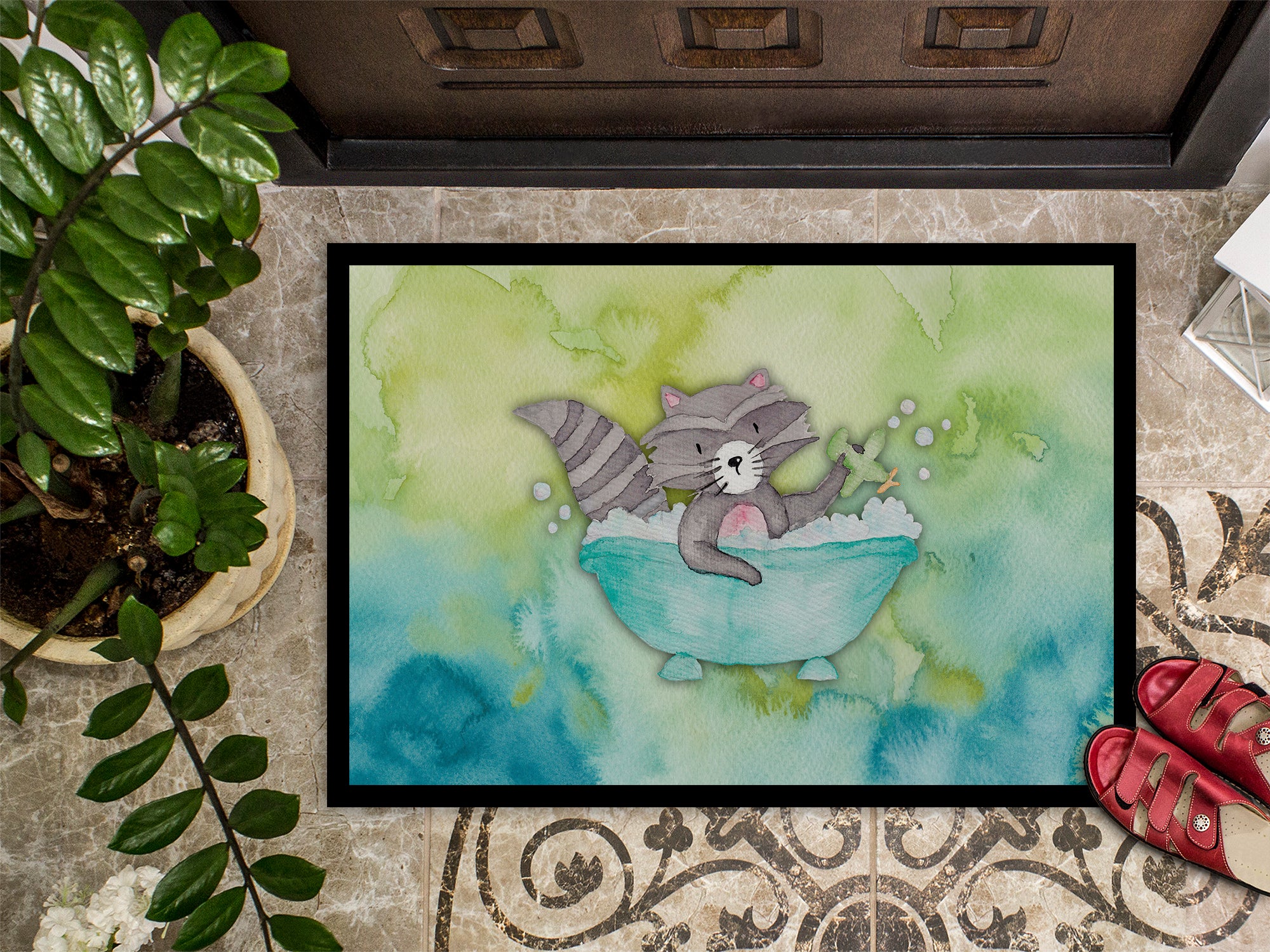 Raccoon Bathing Watercolor Indoor or Outdoor Mat 18x27 BB7345MAT - the-store.com