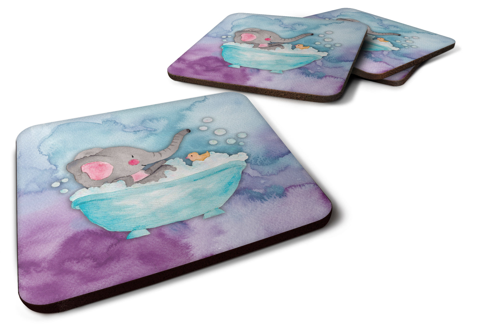 Elephant Bathing Watercolor Foam Coaster Set of 4 BB7346FC - the-store.com