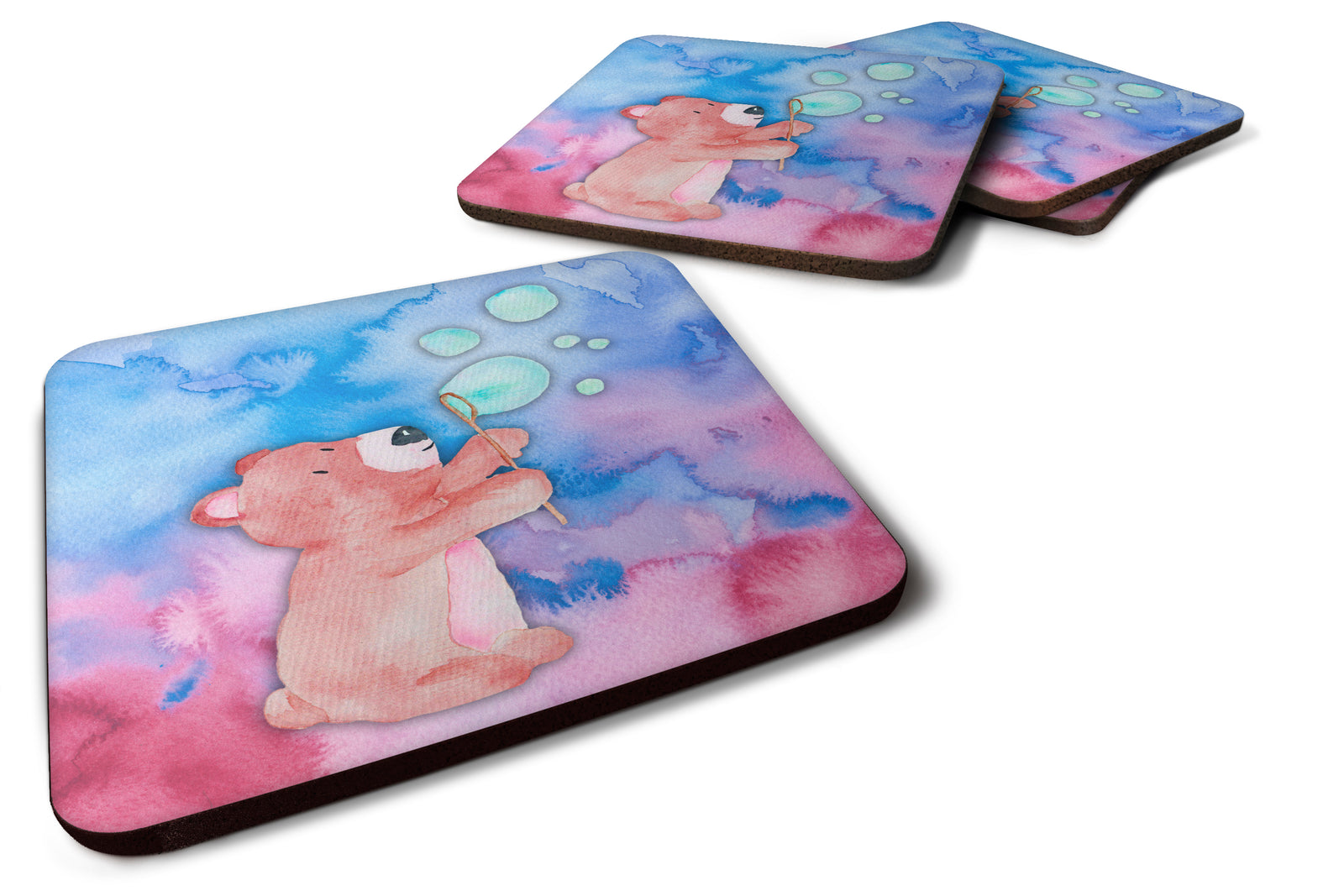 Bear and Bubbles Watercolor Foam Coaster Set of 4 BB7347FC - the-store.com