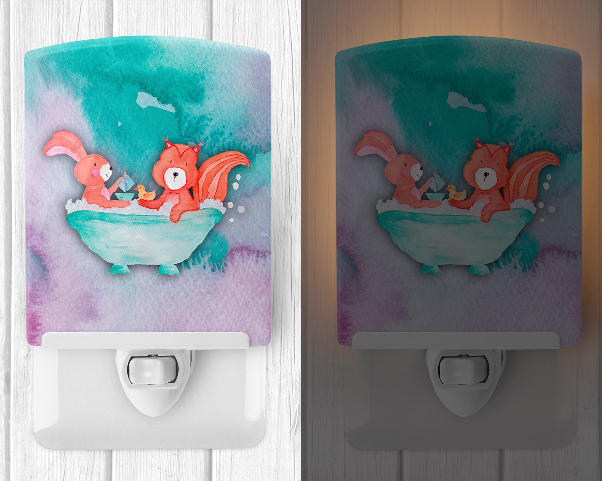 Rabbit and Squirrel Bathing Watercolor Ceramic Night Light BB7348CNL - the-store.com