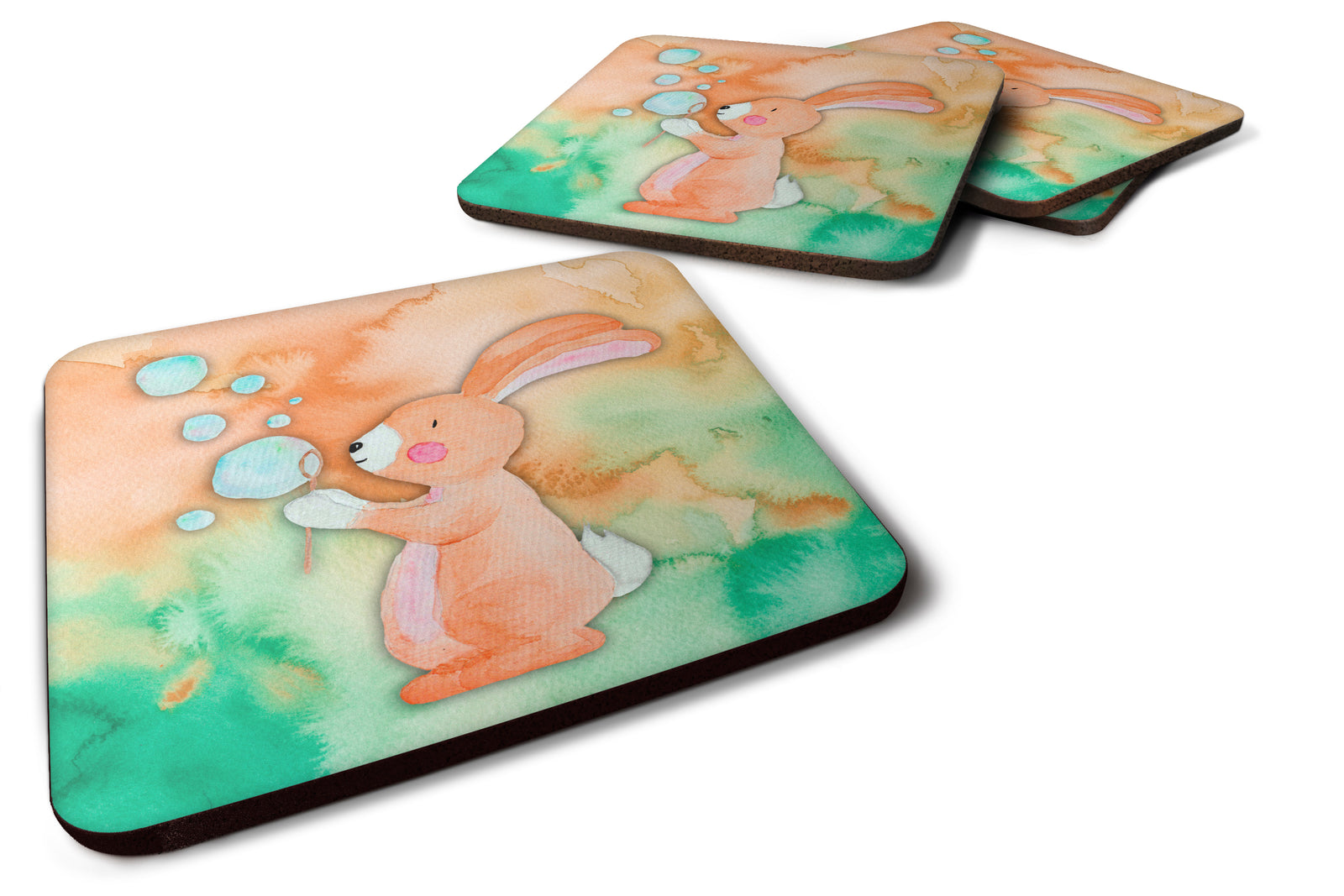 Rabbit and Bubbles Watercolor Foam Coaster Set of 4 BB7349FC - the-store.com