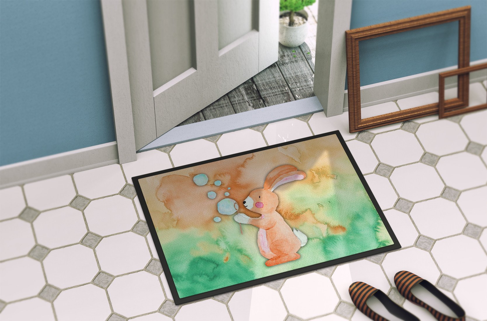 Rabbit and Bubbles Watercolor Indoor or Outdoor Mat 24x36 BB7349JMAT by Caroline's Treasures