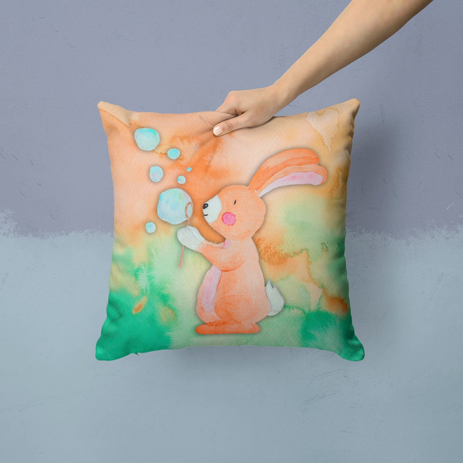 Rabbit and Bubbles Watercolor Fabric Decorative Pillow BB7349PW1414 - the-store.com