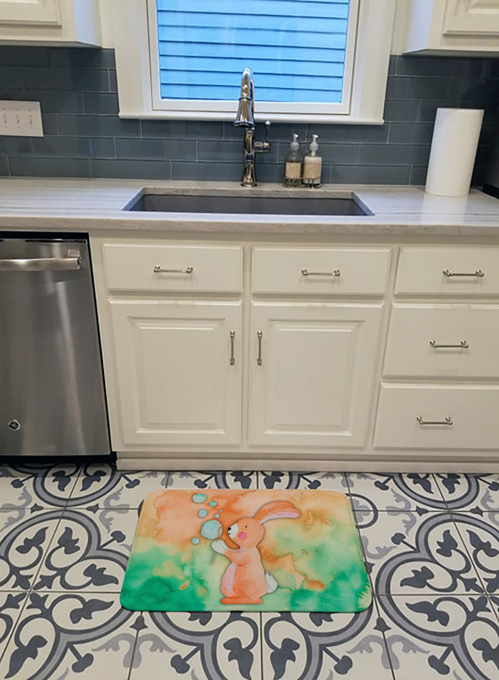 Rabbit and Bubbles Watercolor Machine Washable Memory Foam Mat BB7349RUG - the-store.com