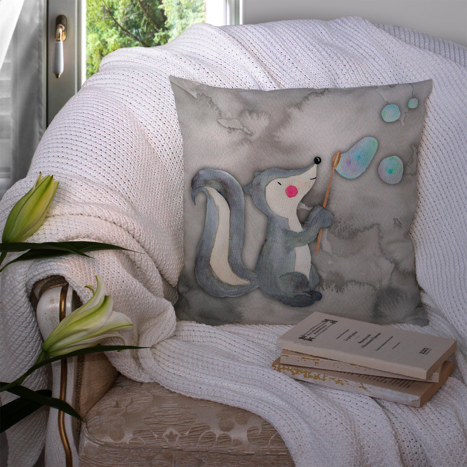 Skunk and Bubbles Watercolor Fabric Decorative Pillow BB7352PW1414 - the-store.com