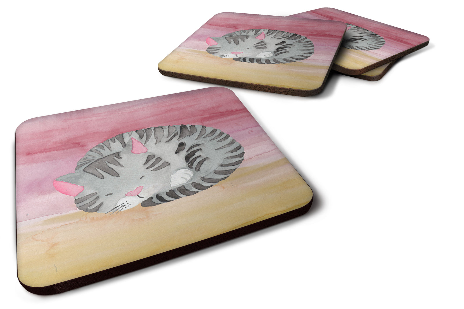 Sleeping Grey Cat Watercolor Foam Coaster Set of 4 BB7353FC - the-store.com