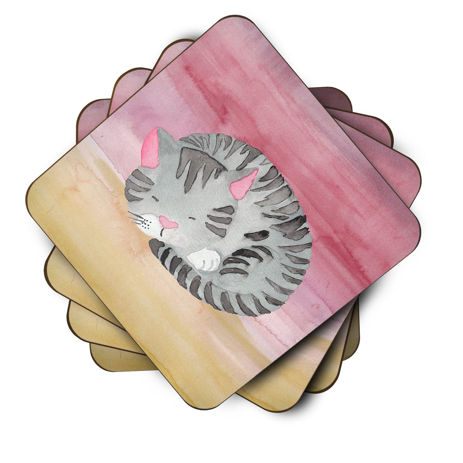 Sleeping Grey Cat Watercolor Foam Coaster Set of 4 BB7353FC - the-store.com