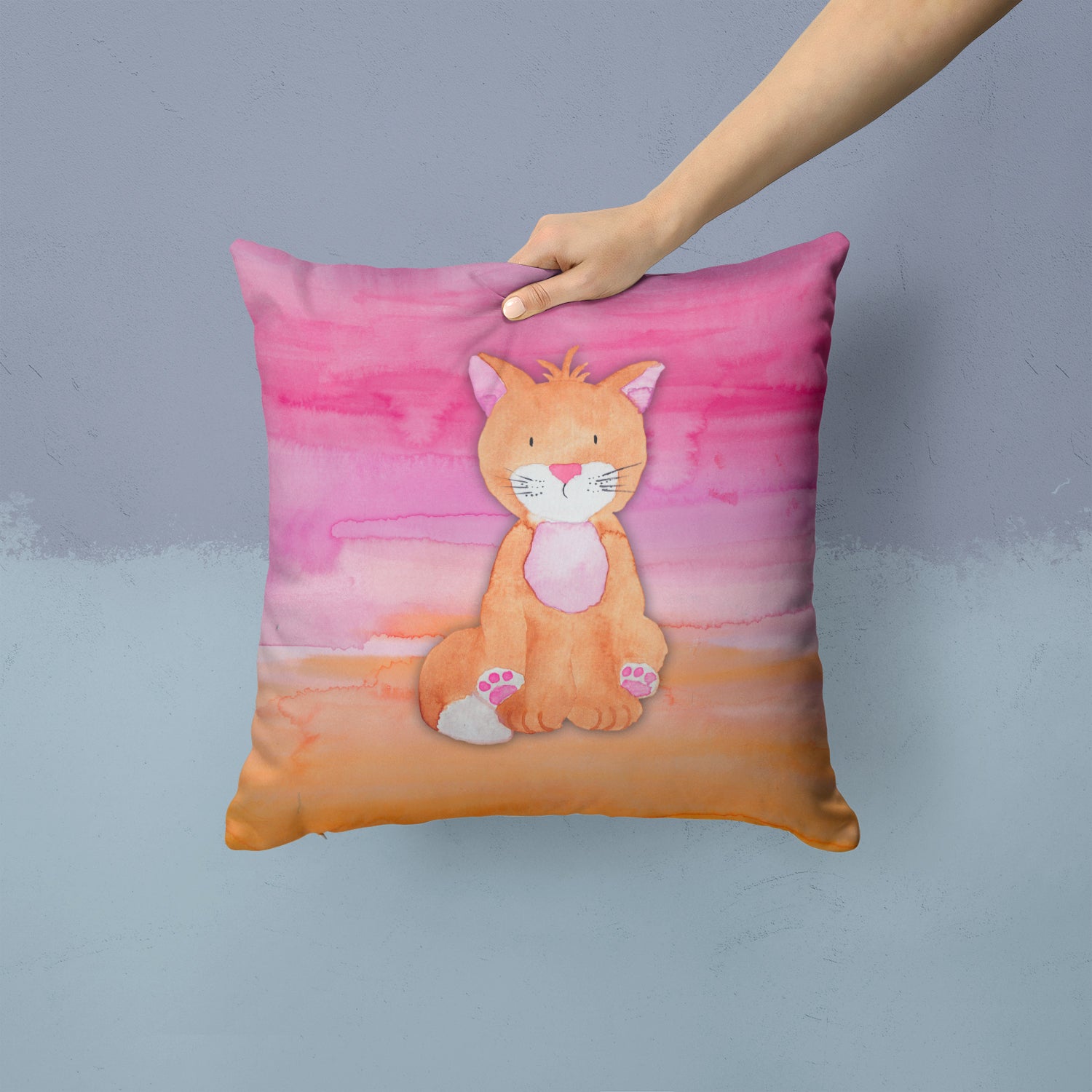 Orange Cat Watercolor Fabric Decorative Pillow BB7354PW1414 - the-store.com