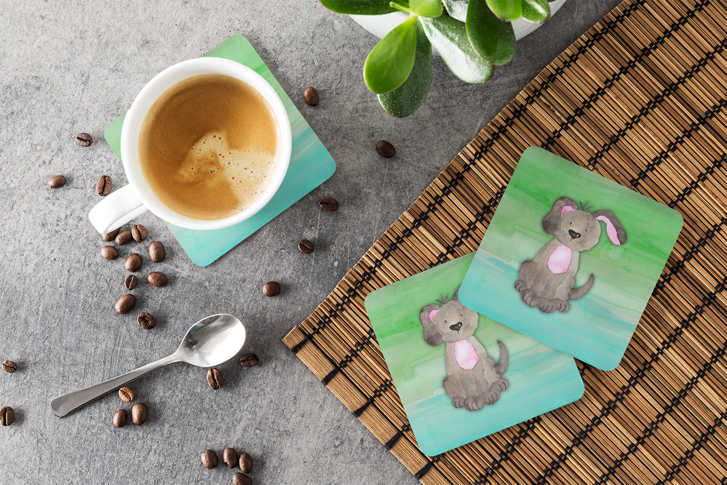 Dog Teal and Green Watercolor Foam Coaster Set of 4 BB7357FC - the-store.com