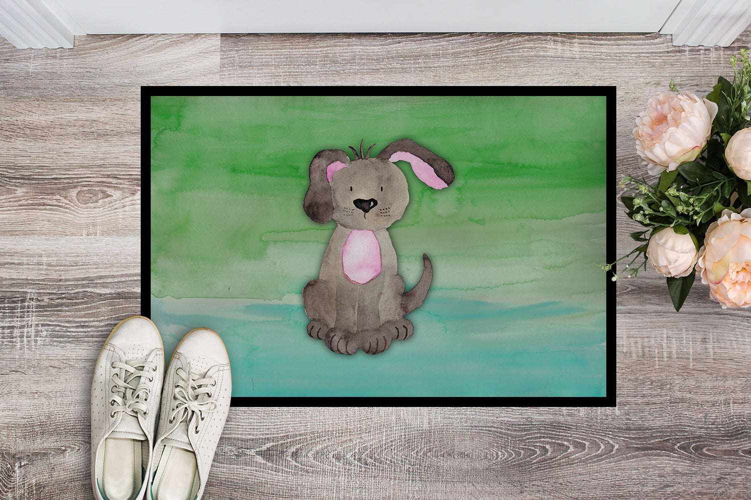 Dog Teal and Green Watercolor Indoor or Outdoor Mat 18x27 BB7357MAT - the-store.com