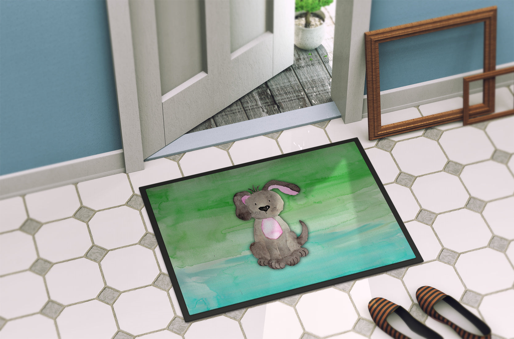 Dog Teal and Green Watercolor Indoor or Outdoor Mat 18x27 BB7357MAT - the-store.com