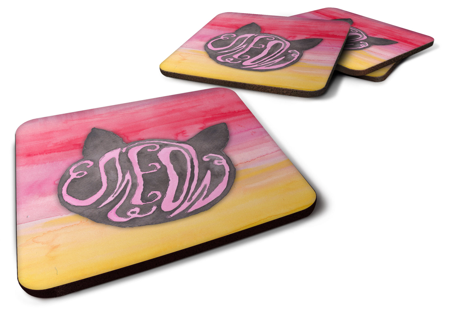 Cat Face Meow Watercolor Foam Coaster Set of 4 BB7358FC - the-store.com