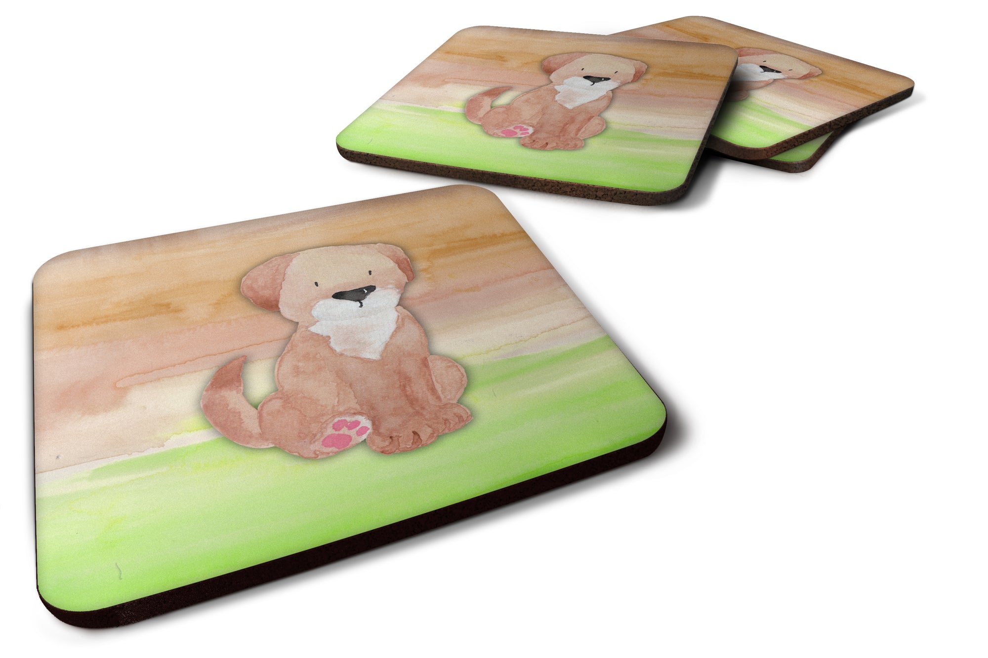 Dog Green and Brown Watercolor Foam Coaster Set of 4 BB7360FC - the-store.com