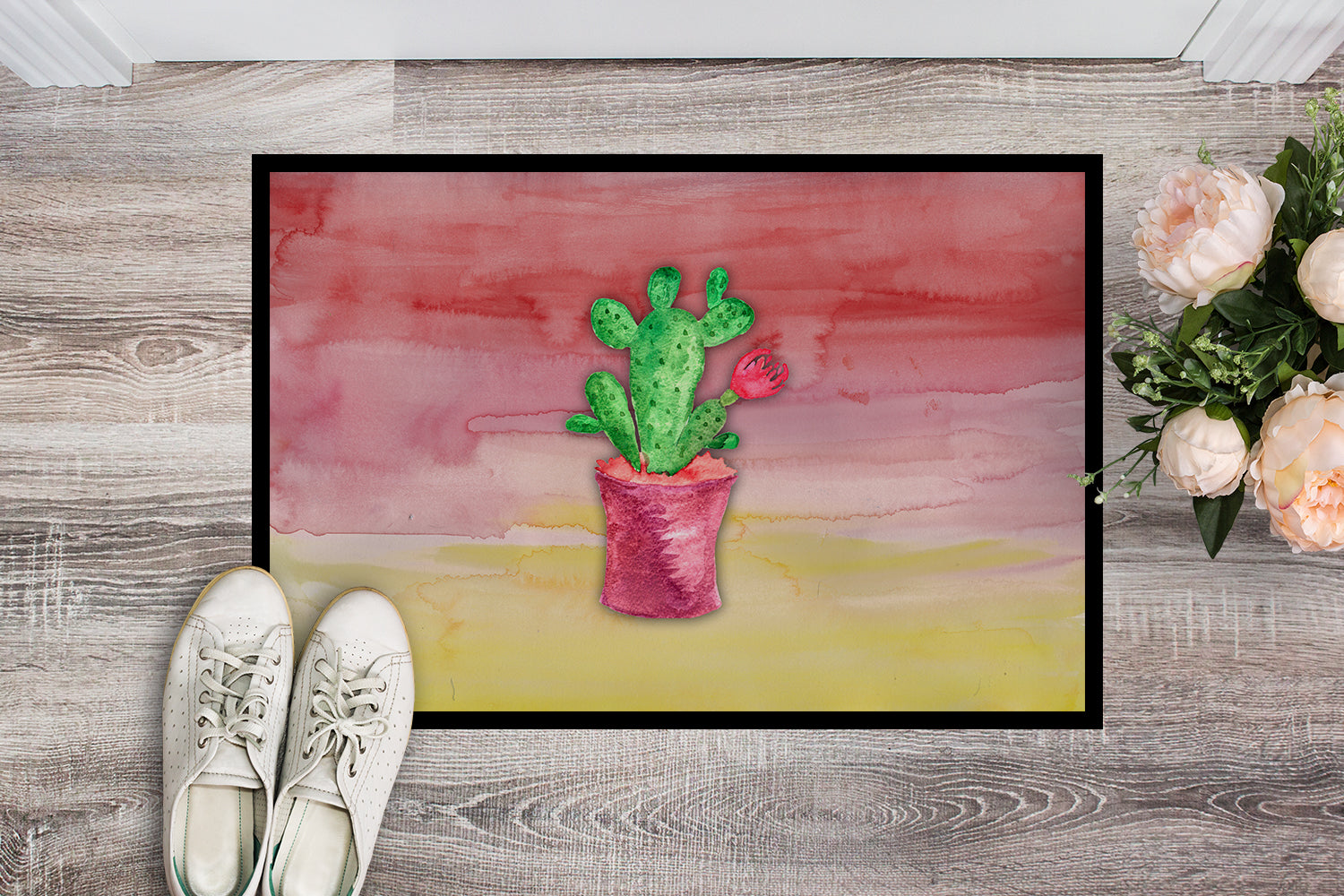 Flowering Cactus Watercolor Indoor or Outdoor Mat 18x27 BB7361MAT - the-store.com