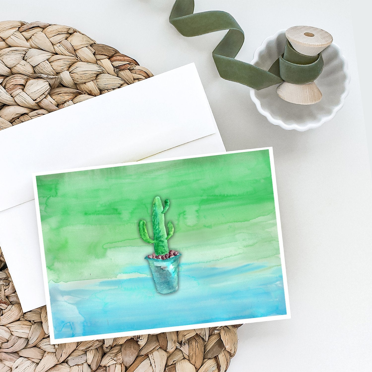 Buy this Cactus Teal and Green Watercolor Greeting Cards and Envelopes Pack of 8