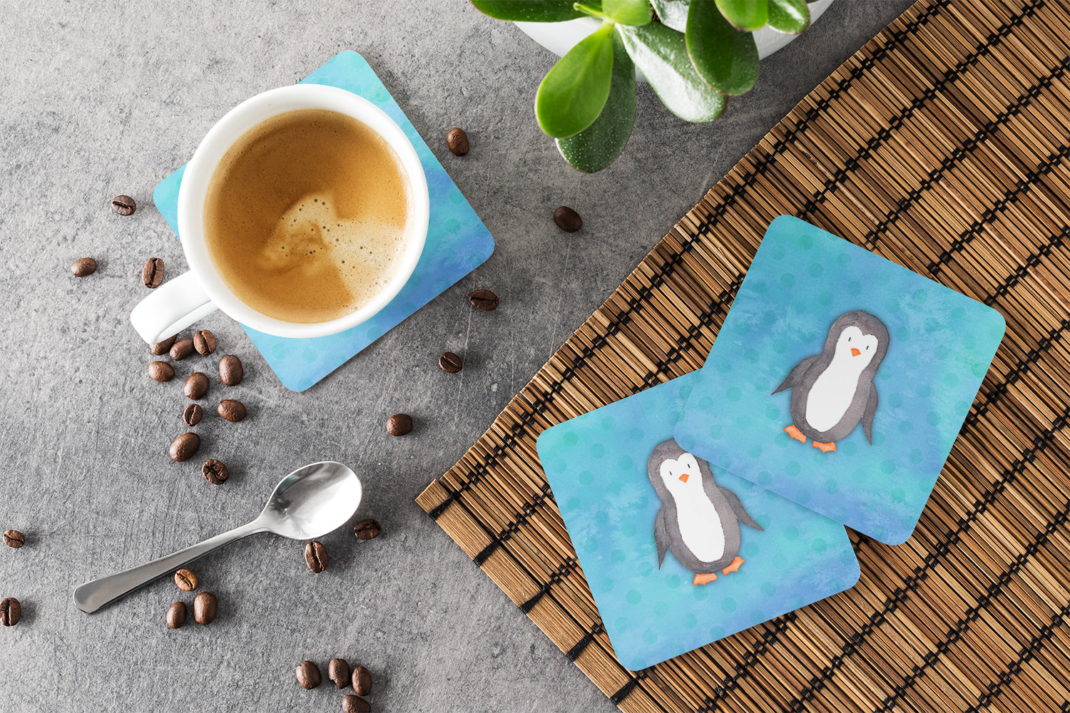 Polkadot Penguin Watercolor Foam Coaster Set of 4 BB7376FC - the-store.com