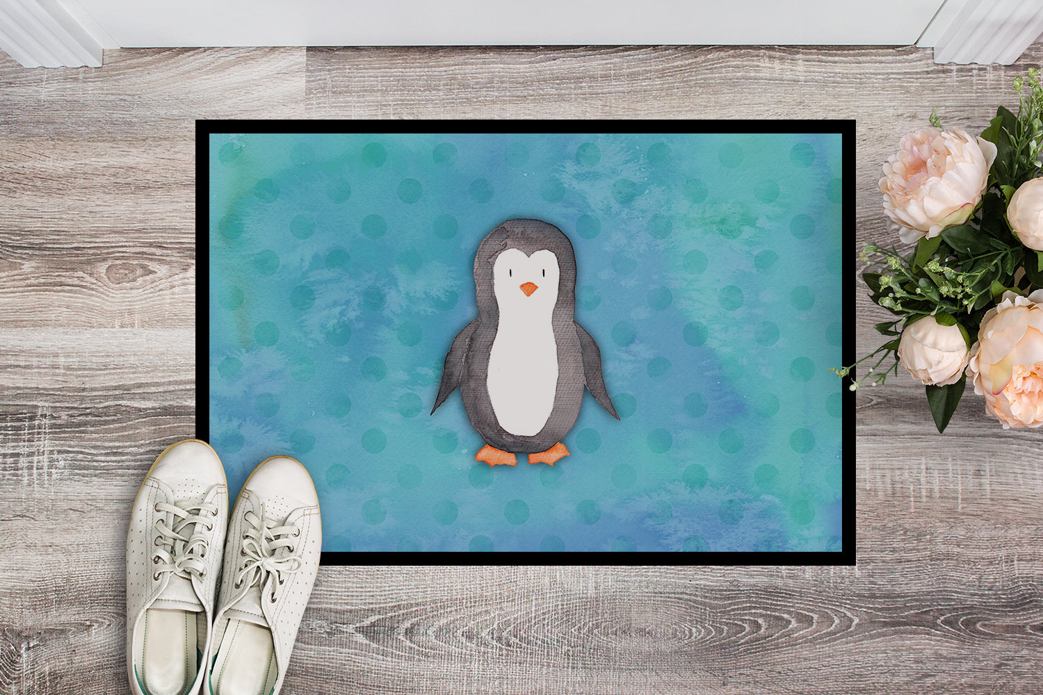 Polkadot Penguin Watercolor Indoor or Outdoor Mat 18x27 BB7376MAT - the-store.com