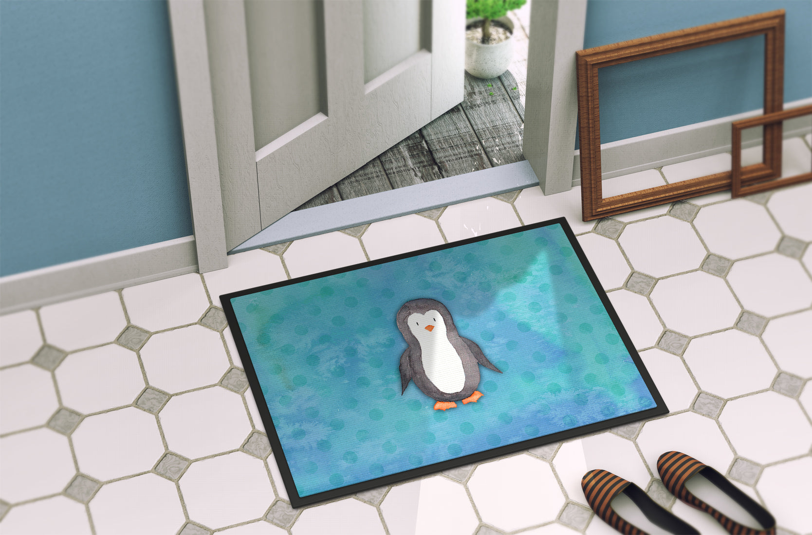 Polkadot Penguin Watercolor Indoor or Outdoor Mat 18x27 BB7376MAT - the-store.com