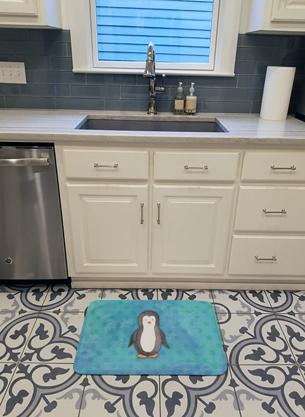 Polkadot Penguin Watercolor Machine Washable Memory Foam Mat BB7376RUG - the-store.com