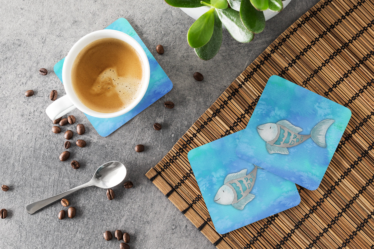 Blue Fish Watercolor Foam Coaster Set of 4 BB7386FC - the-store.com