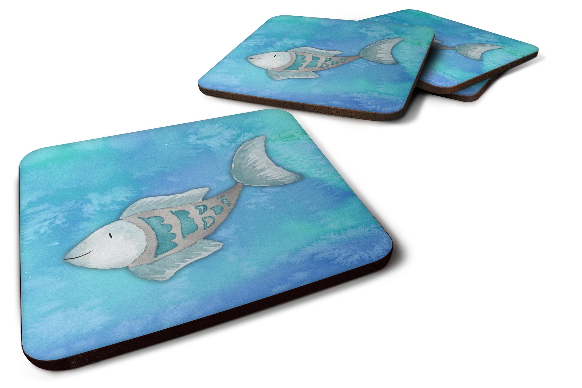 Blue Fish Watercolor Foam Coaster Set of 4 BB7386FC - the-store.com