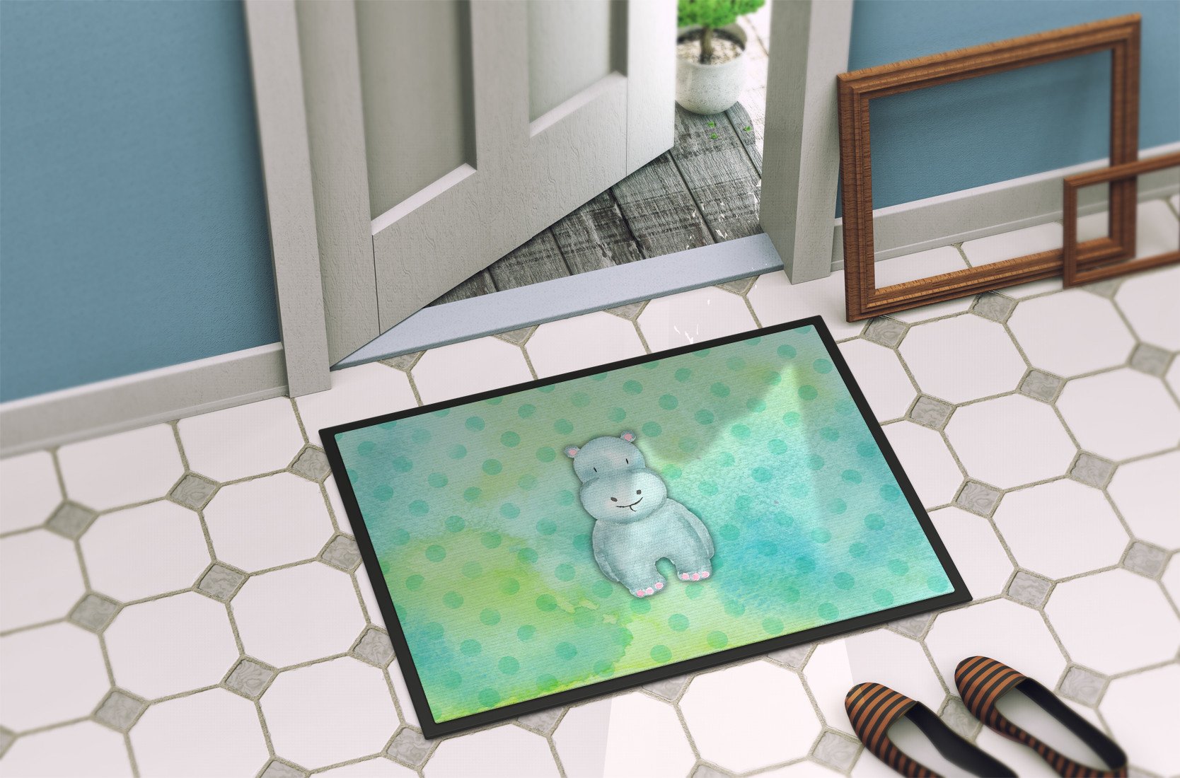 Polkadot Hippopotamus Watercolor Indoor or Outdoor Mat 24x36 BB7389JMAT by Caroline's Treasures