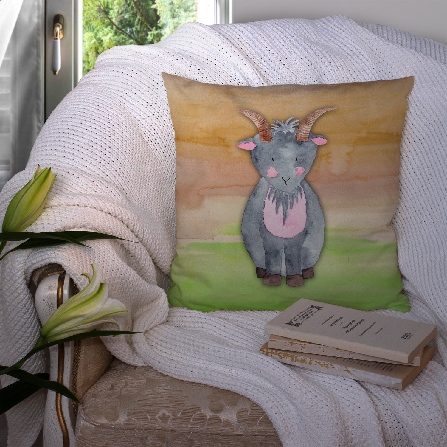 Goat Watercolor Fabric Decorative Pillow BB7413PW1414 - the-store.com