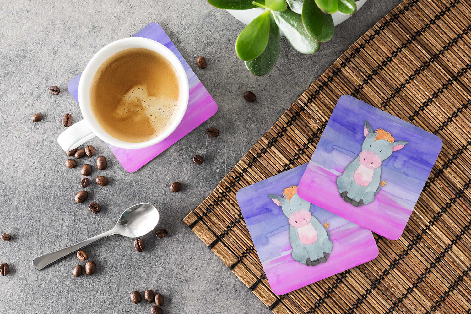 Donkey Watercolor Foam Coaster Set of 4 BB7415FC - the-store.com