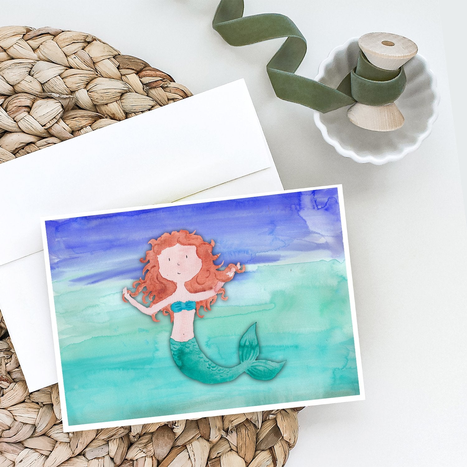 Buy this Ginger Mermaid Watercolor Greeting Cards and Envelopes Pack of 8