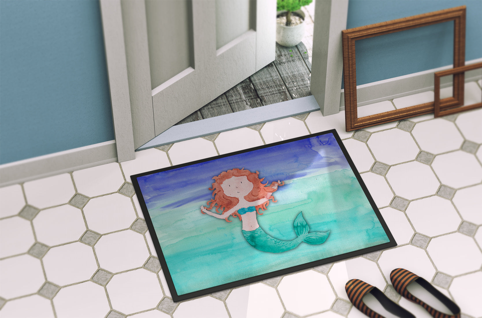 Ginger Mermaid Watercolor Indoor or Outdoor Mat 18x27 BB7421MAT - the-store.com