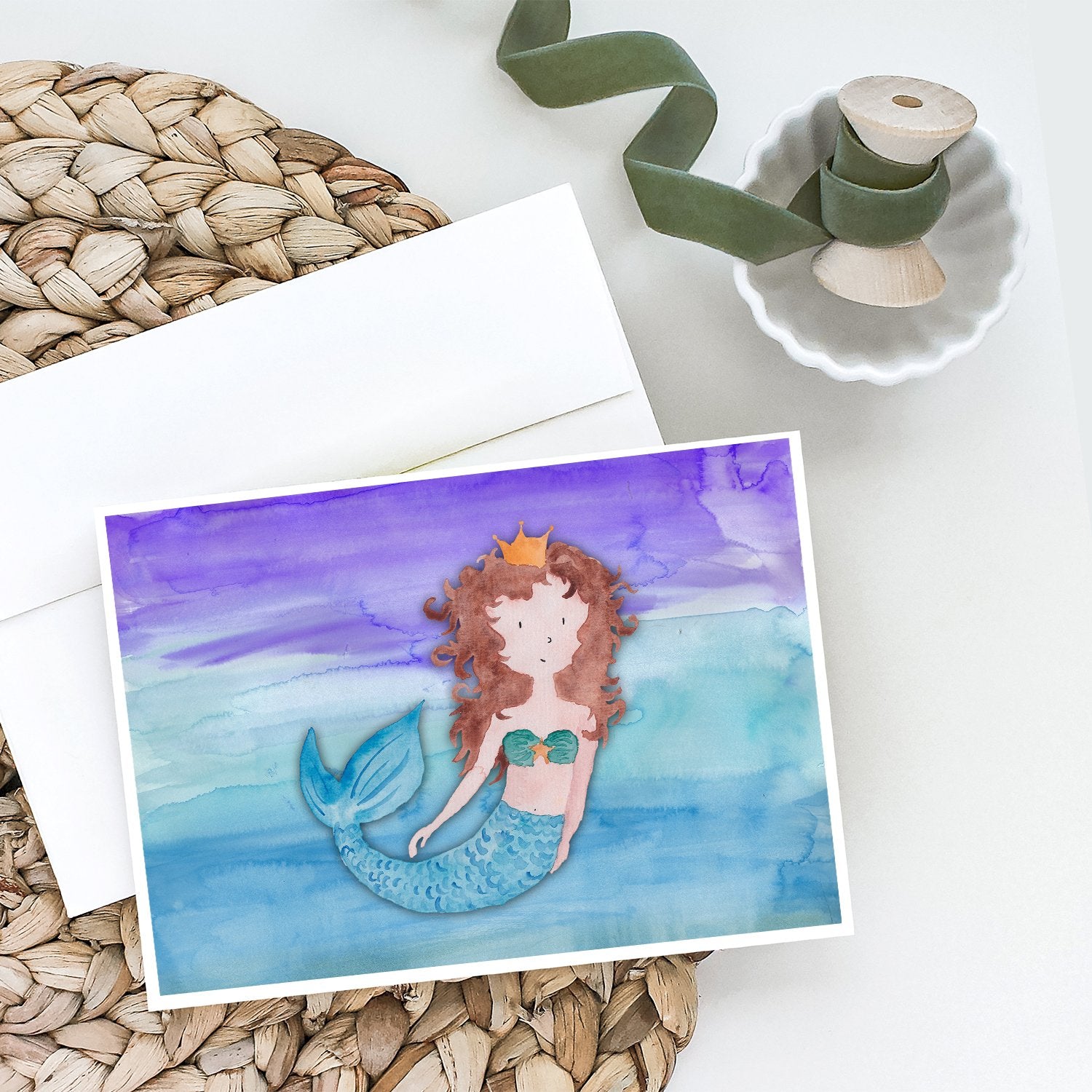 Buy this Brunette Mermaid Watercolor Greeting Cards and Envelopes Pack of 8