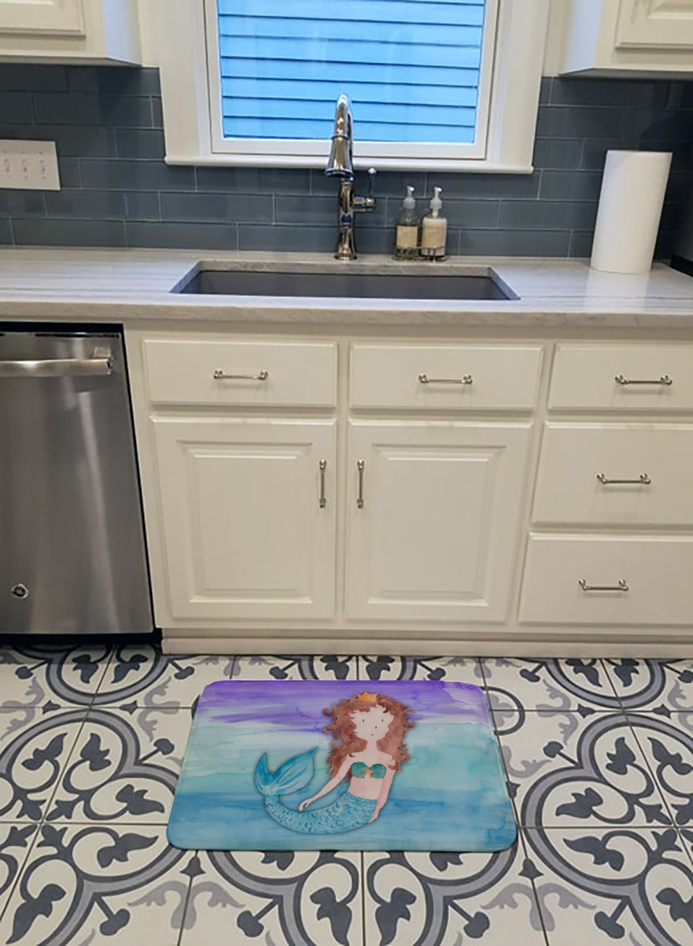 Brunette Mermaid Watercolor Machine Washable Memory Foam Mat BB7422RUG - the-store.com