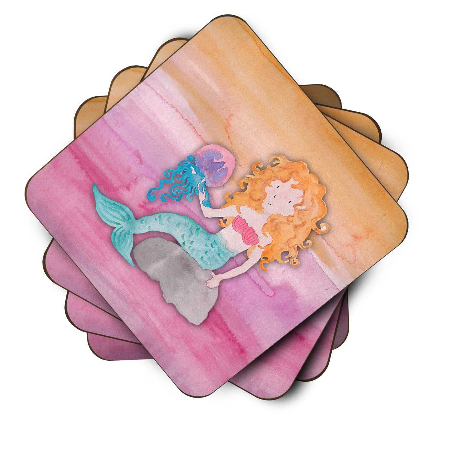 Blonde Mermaid Watercolor Foam Coaster Set of 4 BB7423FC - the-store.com